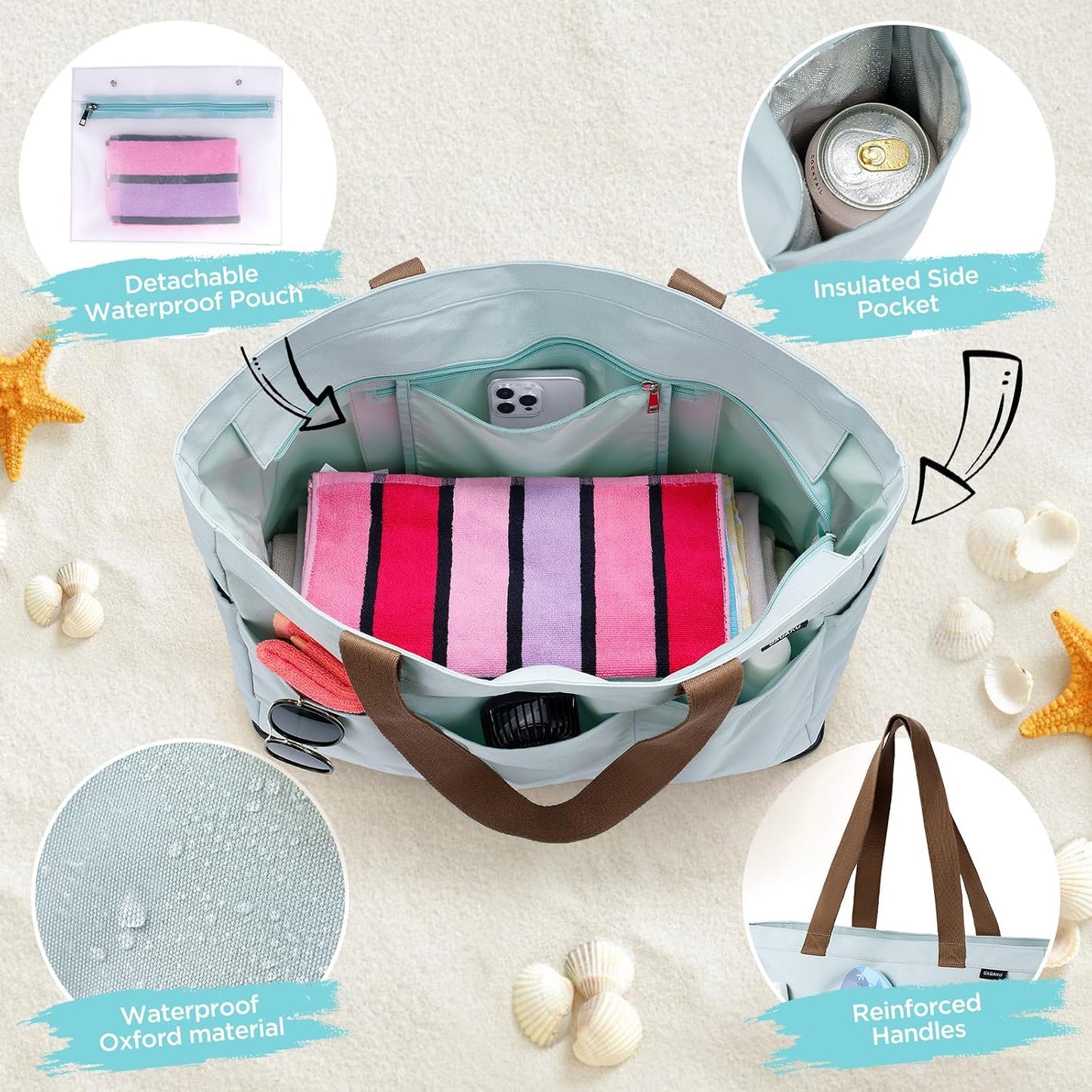 Custom Beach Tote Bag with Zipper and Cooler Pockets