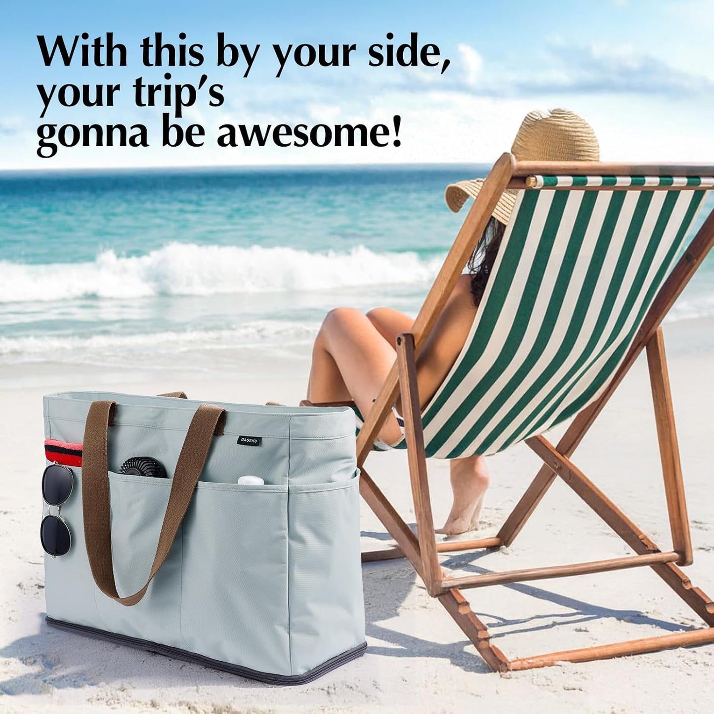 Custom Beach Tote Bag with Zipper and Cooler Pockets