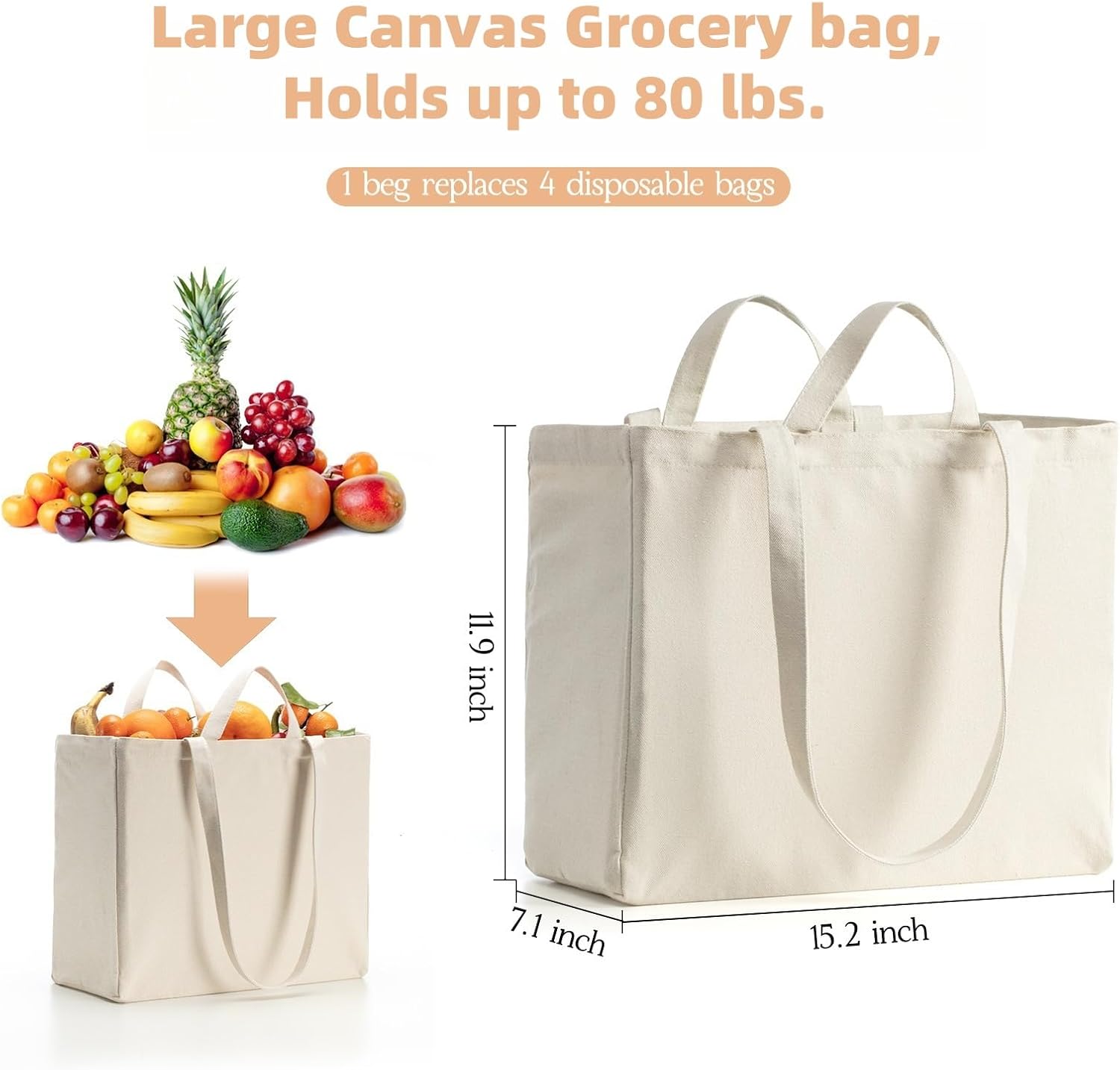 Custom Canvas Grocery Tote Bag with Dual Handles