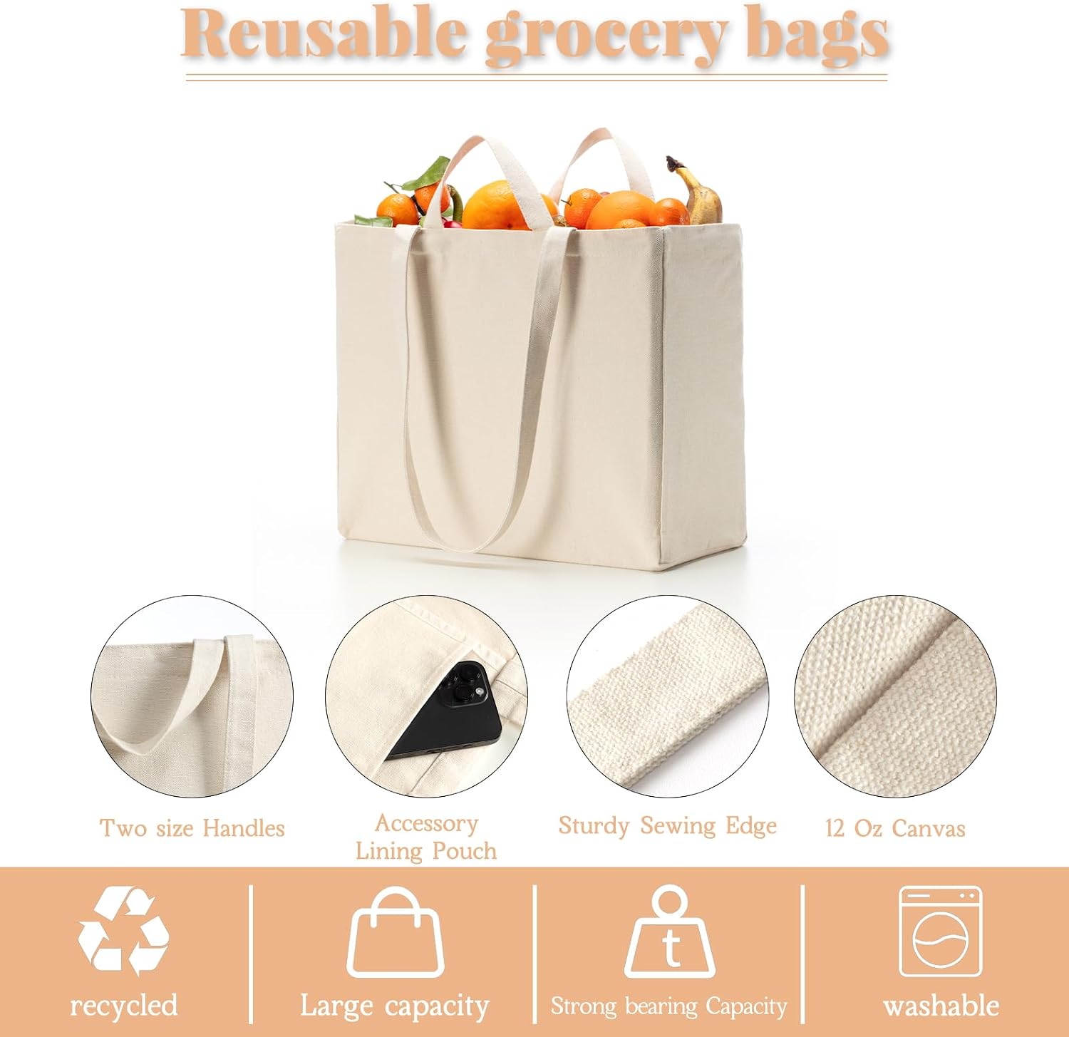 Custom Canvas Grocery Tote Bag with Dual Handles