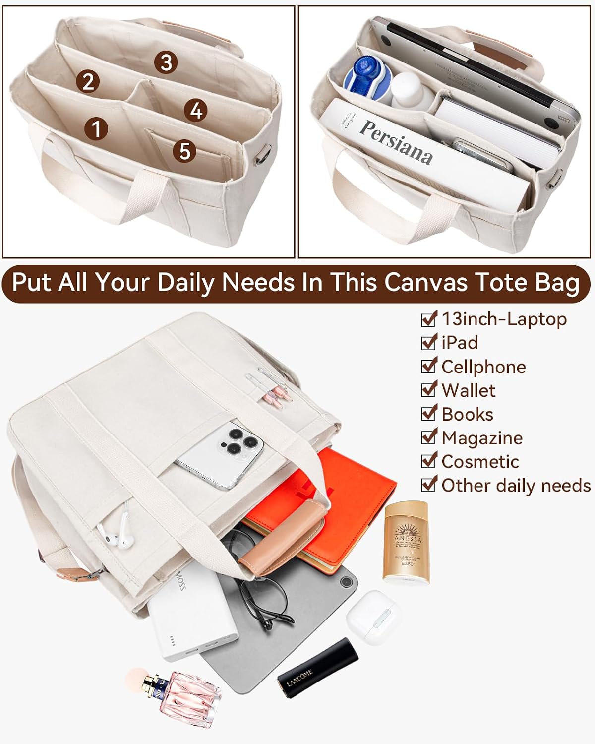 Custom Canvas Tote Bag with Multi-Pocket Organizer