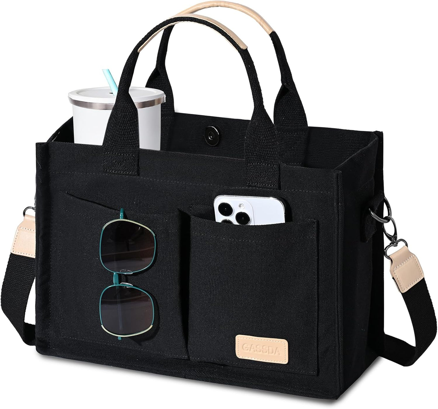 Custom Canvas Tote Bag with Pockets and Crossbody Strap
