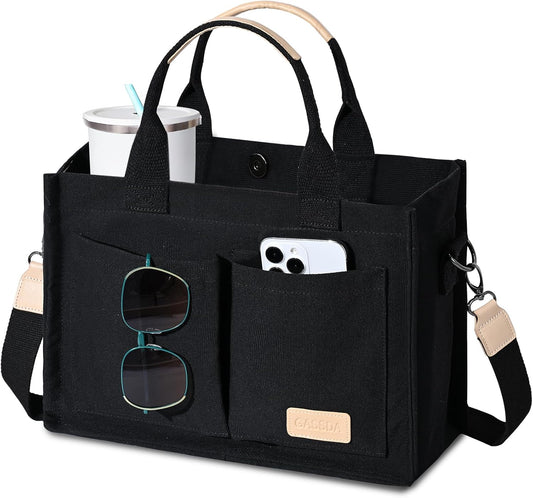 Custom Canvas Tote Bag with Pockets and Crossbody Strap
