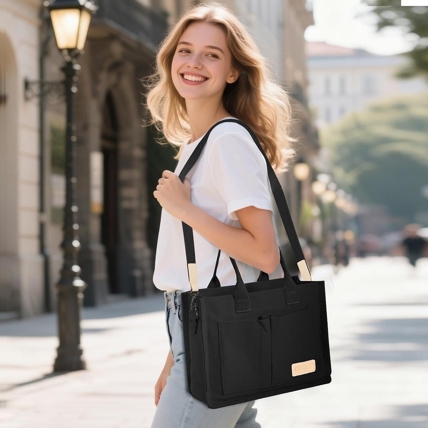Custom Canvas Tote Bag with Pockets and Crossbody Strap