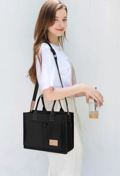 Custom Canvas Tote Bag with Pockets and Crossbody Strap