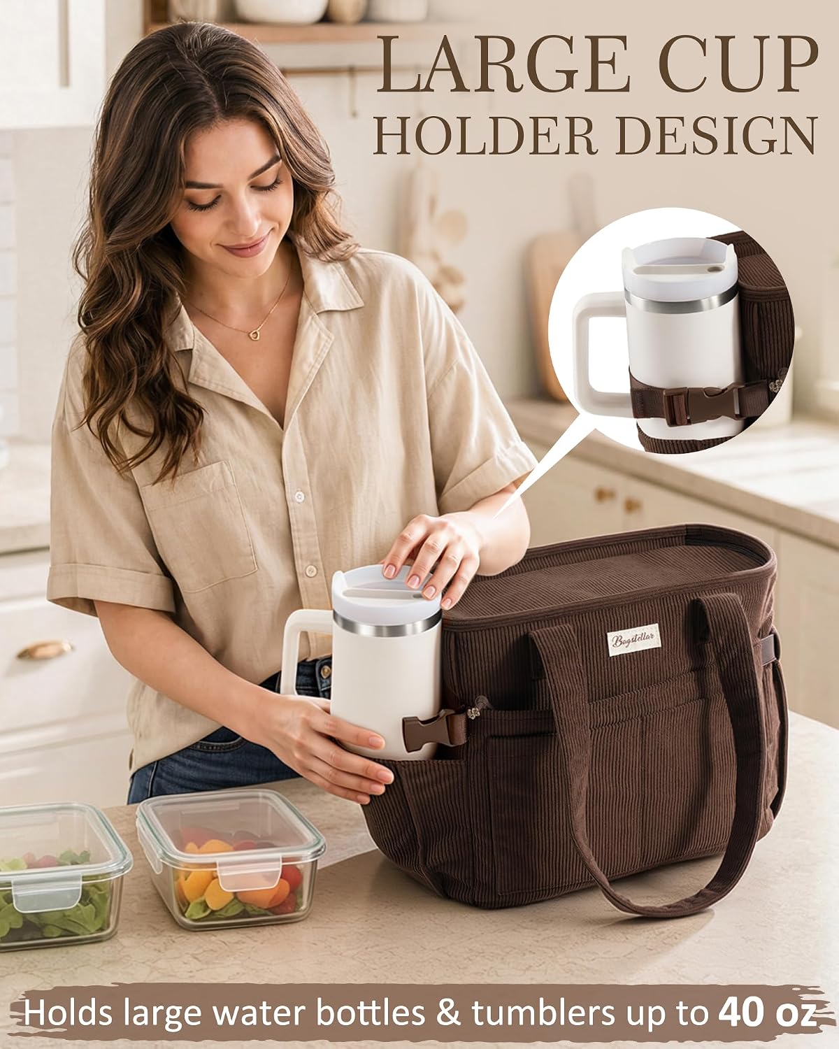 Custom Corduroy Insulated Lunch Cooler Tote Bag with Zipper