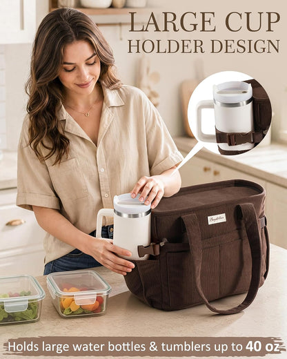 Custom Corduroy Insulated Lunch Cooler Tote Bag with Zipper