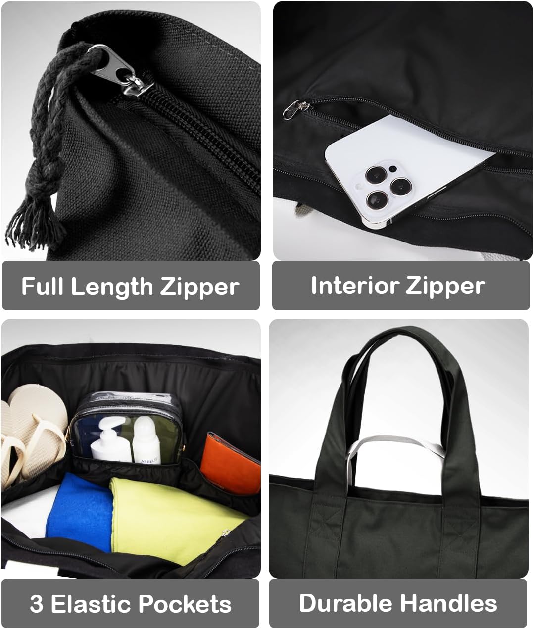 Custom Cotton Travel Weekender Tote Bag with Zipper
