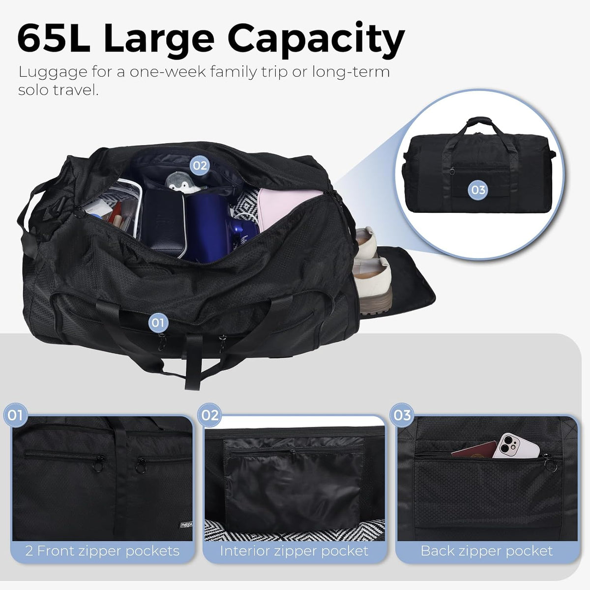 Custom Foldable Travel Duffel Bag with Shoe Compartment