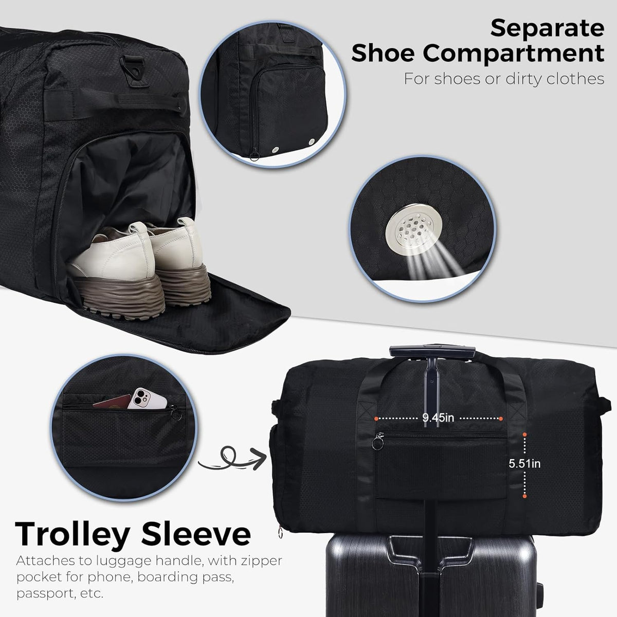 Custom Foldable Travel Duffel Bag with Shoe Compartment